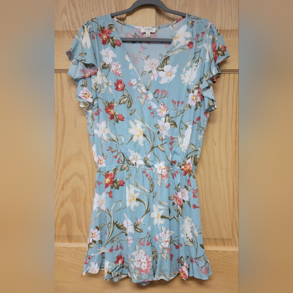 Umgee Blue White Floral Romper Tropical Ruffle Cap Sleeve Womens Size M - Medium